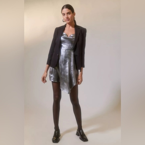 Silver UO Mallory Metallic Asymmetrical Slip Dress NWT - Picture 3 of 6